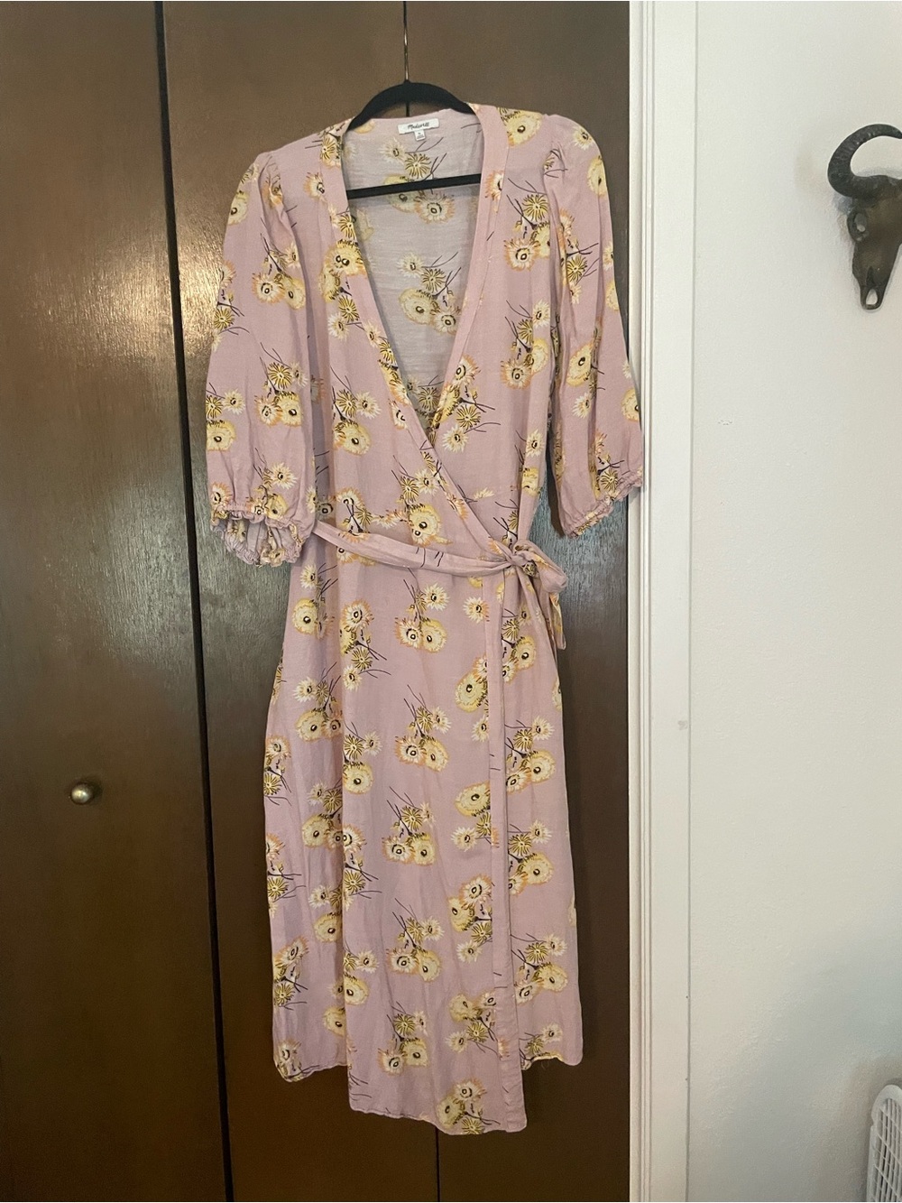 Madewell Dusty Pink Wrap Midi Dress with Yellow Floral Print